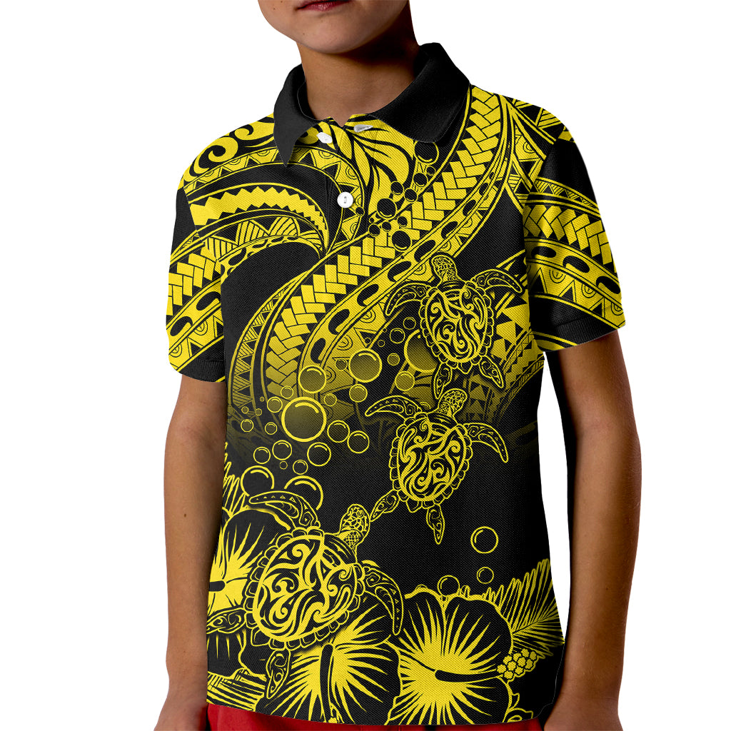 Personalised Polynesian Kid Polo Shirt Tribal Honu Turtle with Hibiscus Gold Version LT14 Kid Gold - Polynesian Pride