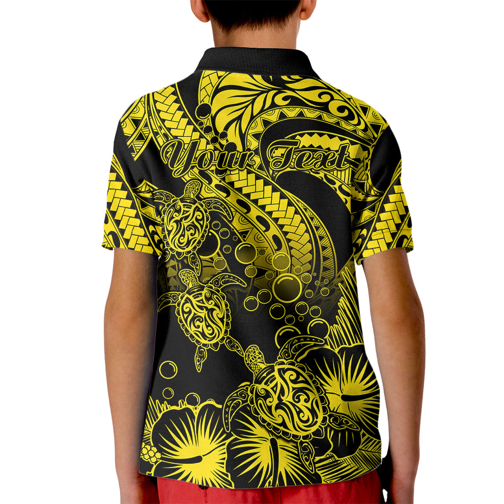 Personalised Polynesian Kid Polo Shirt Tribal Honu Turtle with Hibiscus Gold Version LT14 - Polynesian Pride