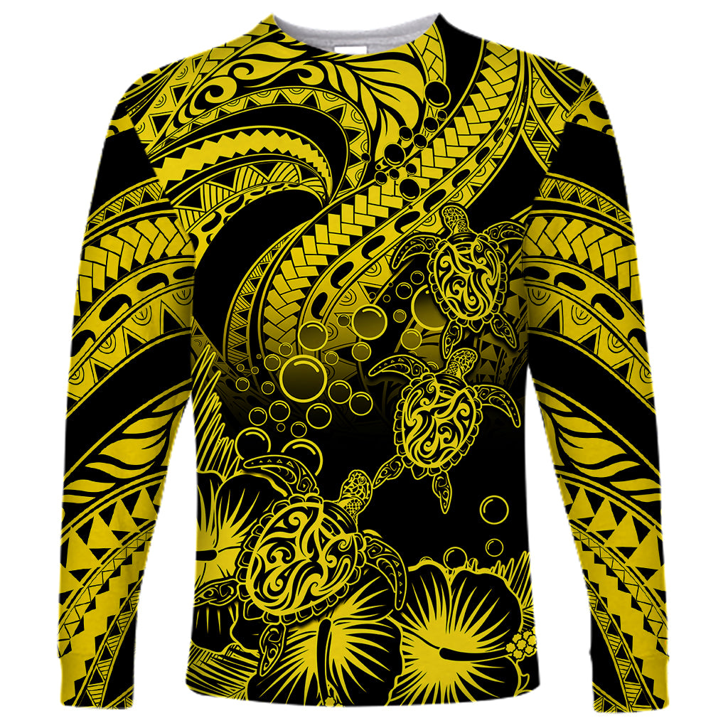 Personalised Polynesian Long Sleeve Shirt Tribal Honu Turtle with Hibiscus Gold Version LT14 Unisex Gold - Polynesian Pride