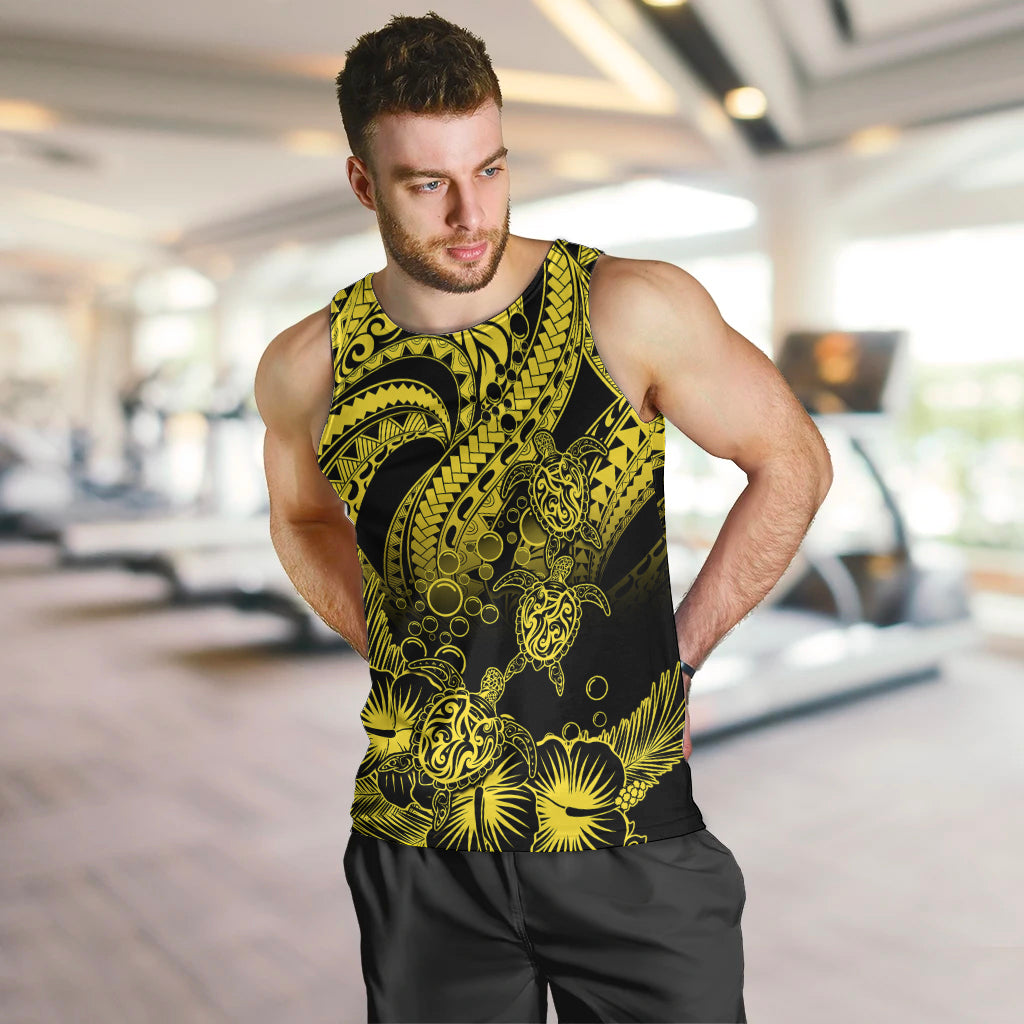 Personalised Polynesian Men Tank Top Tribal Honu Turtle with Hibiscus Gold Version LT14 - Polynesian Pride