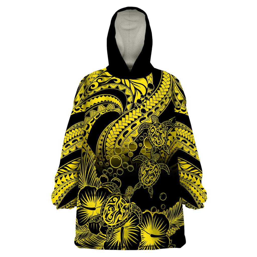 Personalised Polynesian Wearable Blanket Hoodie Tribal Honu Turtle with Hibiscus Gold Version LT14 One Size Gold - Polynesian Pride