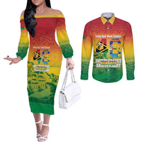 Vanuatu Indipendens Dei Couples Matching Off The Shoulder Long Sleeve Dress and Long Sleeve Button Shirt Yumi 46th Independence Anniversary