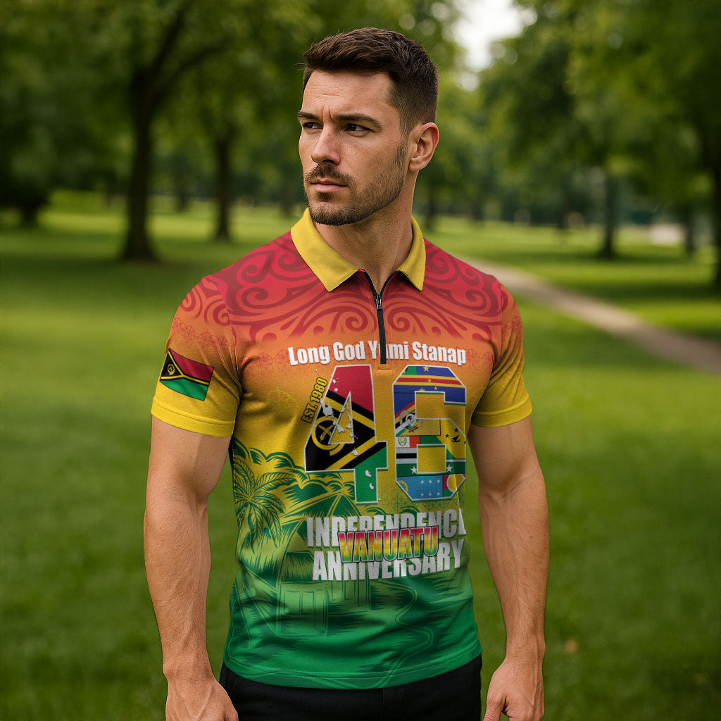 Vanuatu Indipendens Dei Zipper Polo Shirt Yumi 46th Independence Anniversary