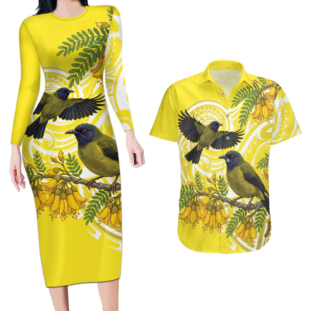 Bellbird New Zealand Couples Matching Long Sleeve Bodycon Dress and Hawaiian Shirt Korimako Kowhai Maori Pattern LT14 Yellow - Polynesian Pride