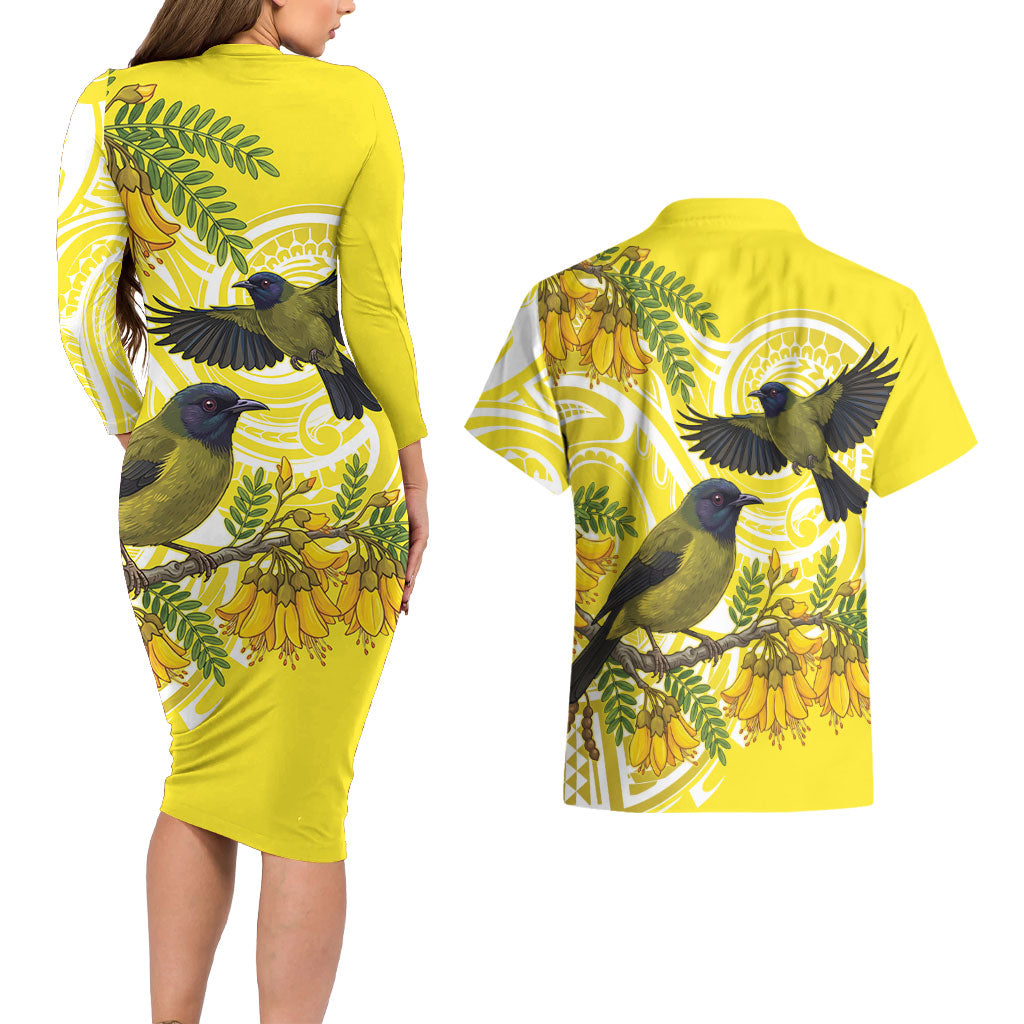 Bellbird New Zealand Couples Matching Long Sleeve Bodycon Dress and Hawaiian Shirt Korimako Kowhai Maori Pattern LT14 - Polynesian Pride