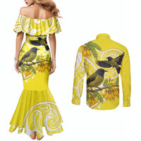 Bellbird New Zealand Couples Matching Mermaid Dress and Long Sleeve Button Shirt Korimako Kowhai Maori Pattern LT14 - Polynesian Pride