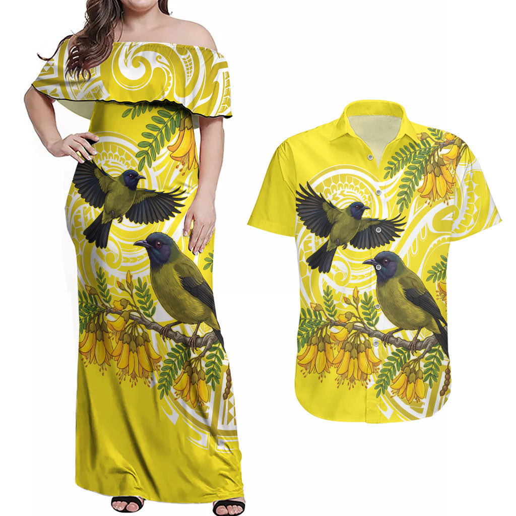 Bellbird New Zealand Couples Matching Off Shoulder Maxi Dress and Hawaiian Shirt Korimako Kowhai Maori Pattern LT14 Yellow - Polynesian Pride