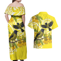 Bellbird New Zealand Couples Matching Off Shoulder Maxi Dress and Hawaiian Shirt Korimako Kowhai Maori Pattern LT14 - Polynesian Pride