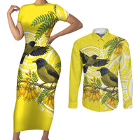 Bellbird New Zealand Couples Matching Short Sleeve Bodycon Dress and Long Sleeve Button Shirt Korimako Kowhai Maori Pattern LT14 Yellow - Polynesian Pride