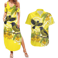 Bellbird New Zealand Couples Matching Summer Maxi Dress and Hawaiian Shirt Korimako Kowhai Maori Pattern LT14 Yellow - Polynesian Pride