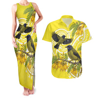 Bellbird New Zealand Couples Matching Tank Maxi Dress and Hawaiian Shirt Korimako Kowhai Maori Pattern LT14 Yellow - Polynesian Pride