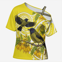 Bellbird New Zealand Cross Shoulder Shirt Korimako Kowhai Maori Pattern