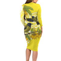 Bellbird New Zealand Family Matching Long Sleeve Bodycon Dress and Hawaiian Shirt Korimako Kowhai Maori Pattern LT14 - Polynesian Pride