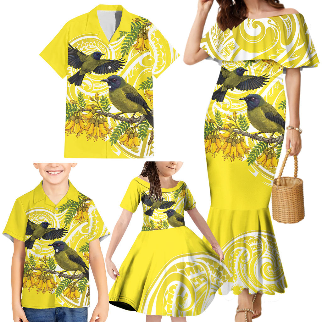 Bellbird New Zealand Family Matching Mermaid Dress and Hawaiian Shirt Korimako Kowhai Maori Pattern