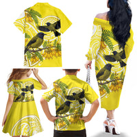 Bellbird New Zealand Family Matching Off The Shoulder Long Sleeve Dress and Hawaiian Shirt Korimako Kowhai Maori Pattern LT14 - Polynesian Pride