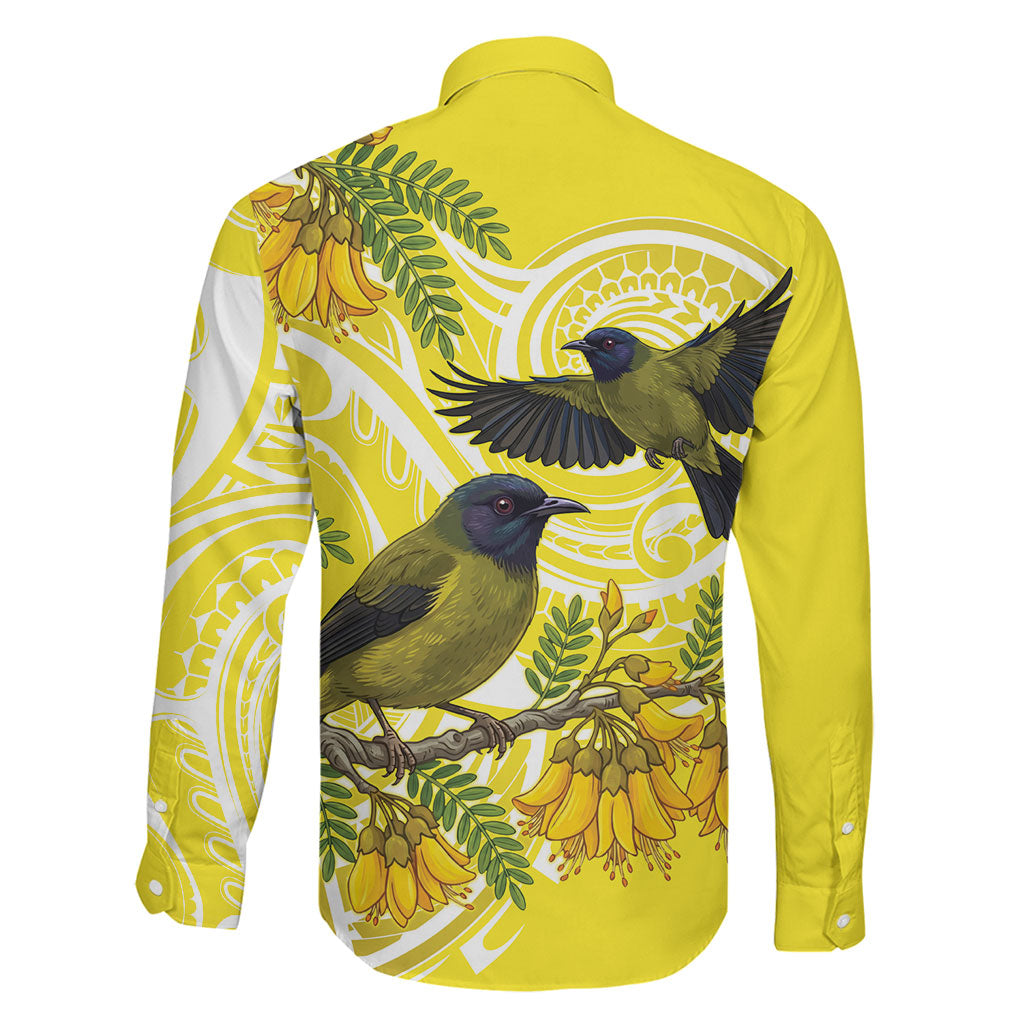 Bellbird New Zealand Family Matching Off The Shoulder Long Sleeve Dress and Hawaiian Shirt Korimako Kowhai Maori Pattern LT14 - Polynesian Pride