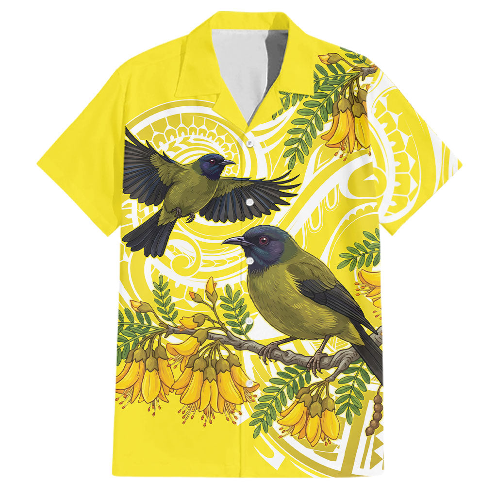 Bellbird New Zealand Family Matching Off Shoulder Maxi Dress and Hawaiian Shirt Korimako Kowhai Maori Pattern LT14 Dad's Shirt - Short Sleeve Yellow - Polynesian Pride