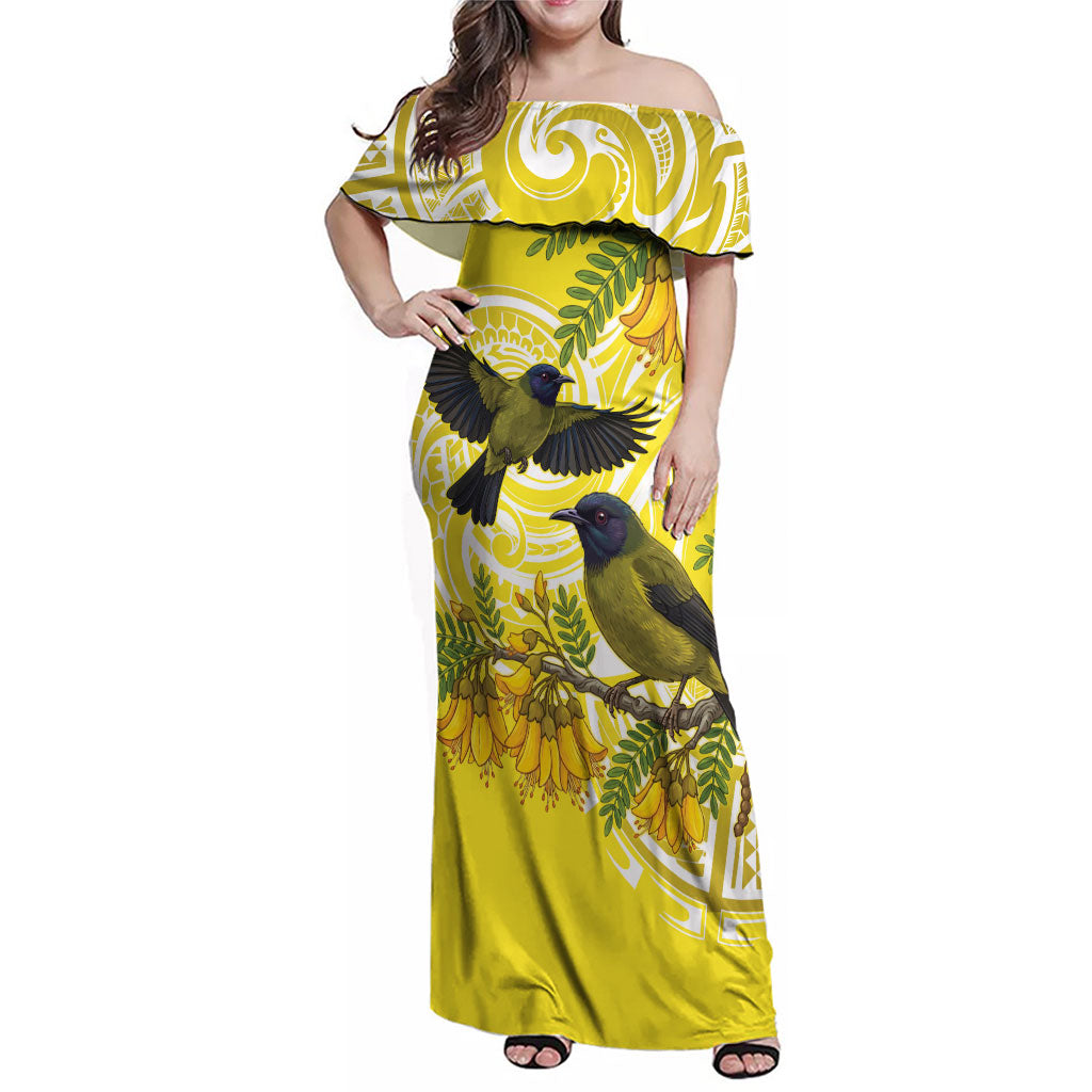 Bellbird New Zealand Family Matching Off Shoulder Maxi Dress and Hawaiian Shirt Korimako Kowhai Maori Pattern LT14 Mom's Dress Yellow - Polynesian Pride