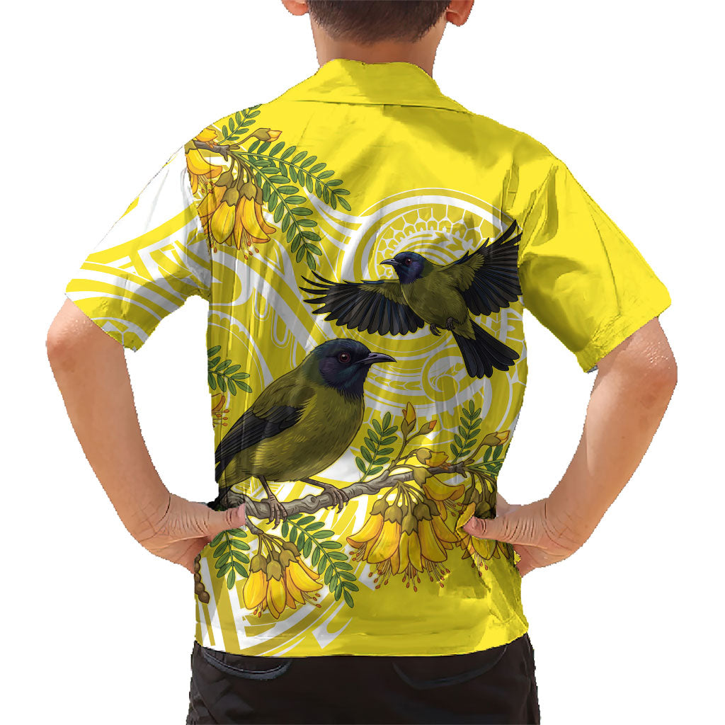 Bellbird New Zealand Family Matching Off Shoulder Short Dress and Hawaiian Shirt Korimako Kowhai Maori Pattern LT14 - Polynesian Pride