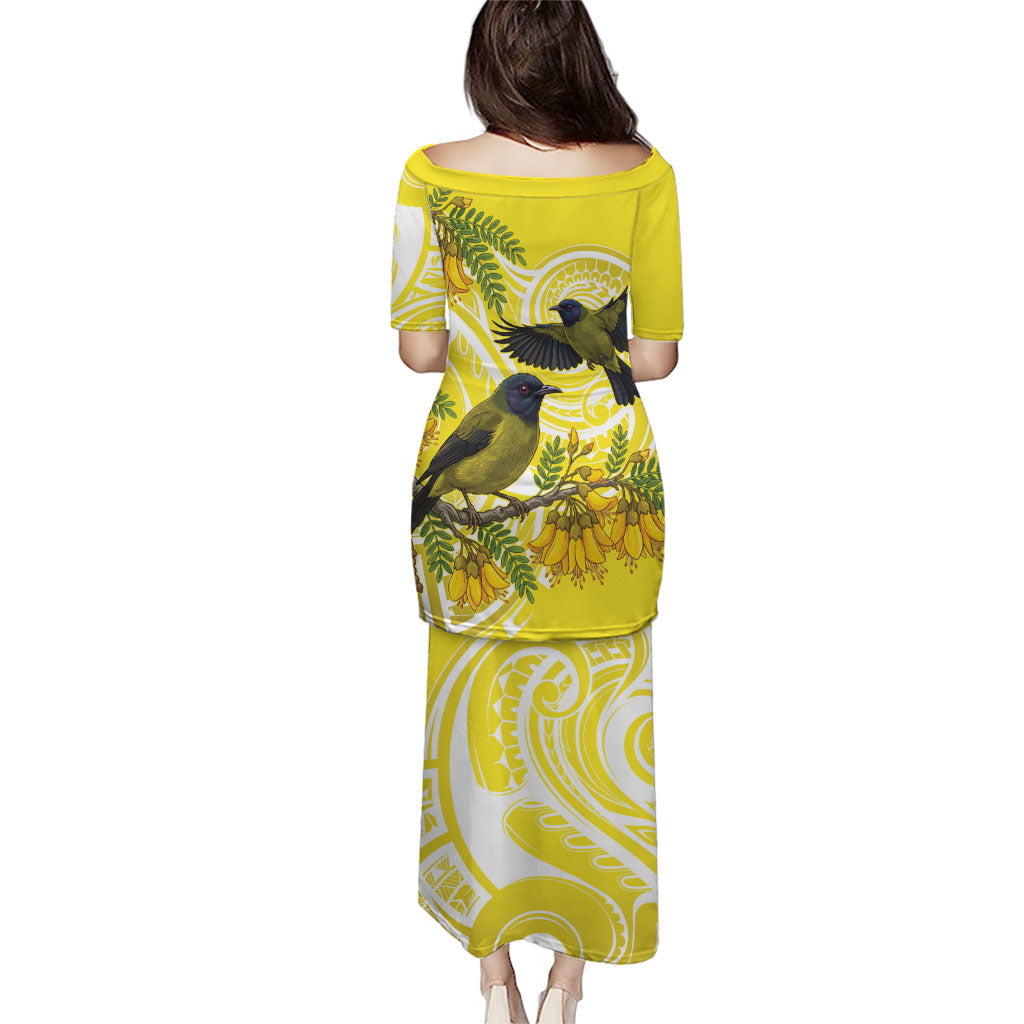Bellbird New Zealand Family Matching Puletasi and Hawaiian Shirt Korimako Kowhai Maori Pattern LT14 - Polynesian Pride