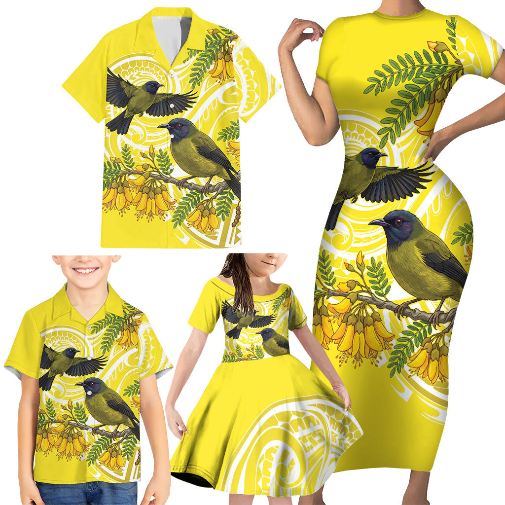 Bellbird New Zealand Family Matching Short Sleeve Bodycon Dress and Hawaiian Shirt Korimako Kowhai Maori Pattern LT14 - Polynesian Pride