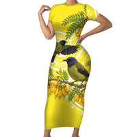 Bellbird New Zealand Family Matching Short Sleeve Bodycon Dress and Hawaiian Shirt Korimako Kowhai Maori Pattern LT14 Mom's Dress Yellow - Polynesian Pride