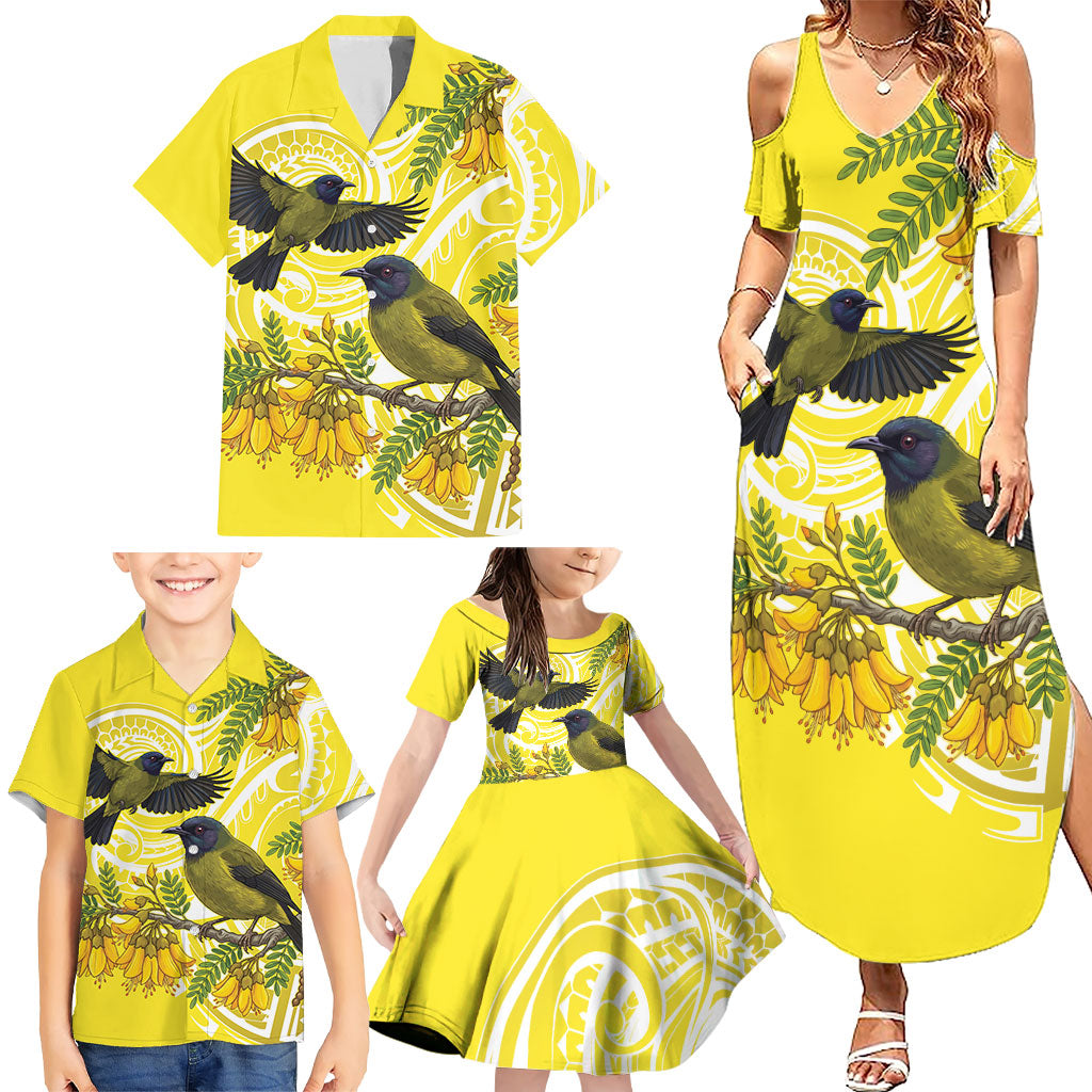 Bellbird New Zealand Family Matching Summer Maxi Dress and Hawaiian Shirt Korimako Kowhai Maori Pattern LT14 - Polynesian Pride