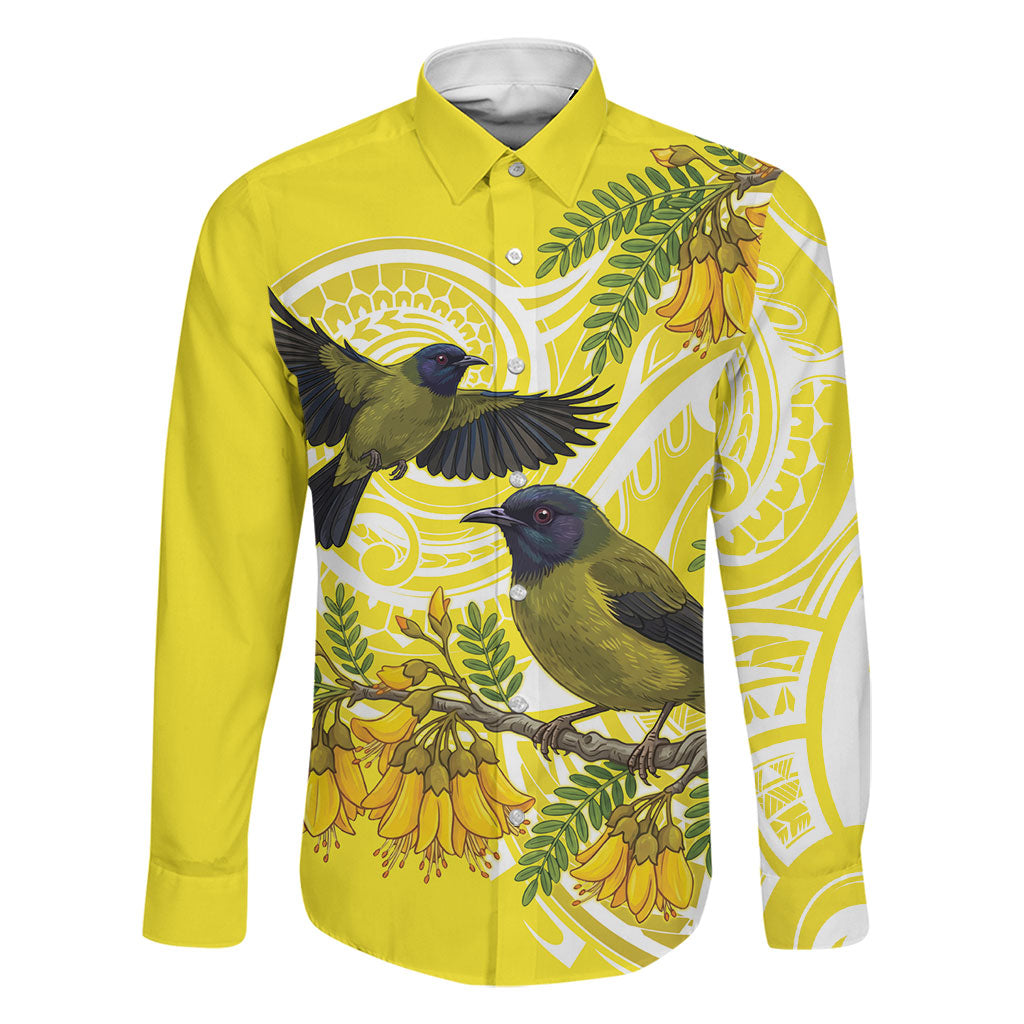 Bellbird New Zealand Family Matching Summer Maxi Dress and Hawaiian Shirt Korimako Kowhai Maori Pattern LT14 Dad's Shirt - Long Sleeve Yellow - Polynesian Pride