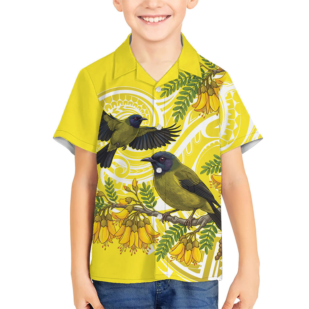 Bellbird New Zealand Family Matching Summer Maxi Dress and Hawaiian Shirt Korimako Kowhai Maori Pattern LT14 Son's Shirt Yellow - Polynesian Pride