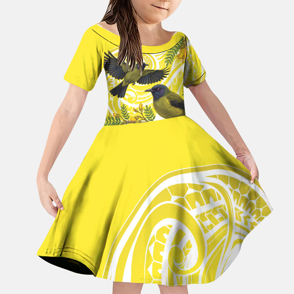 Bellbird New Zealand Family Matching Tank Maxi Dress and Hawaiian Shirt Korimako Kowhai Maori Pattern LT14 Daughter's Dress Yellow - Polynesian Pride