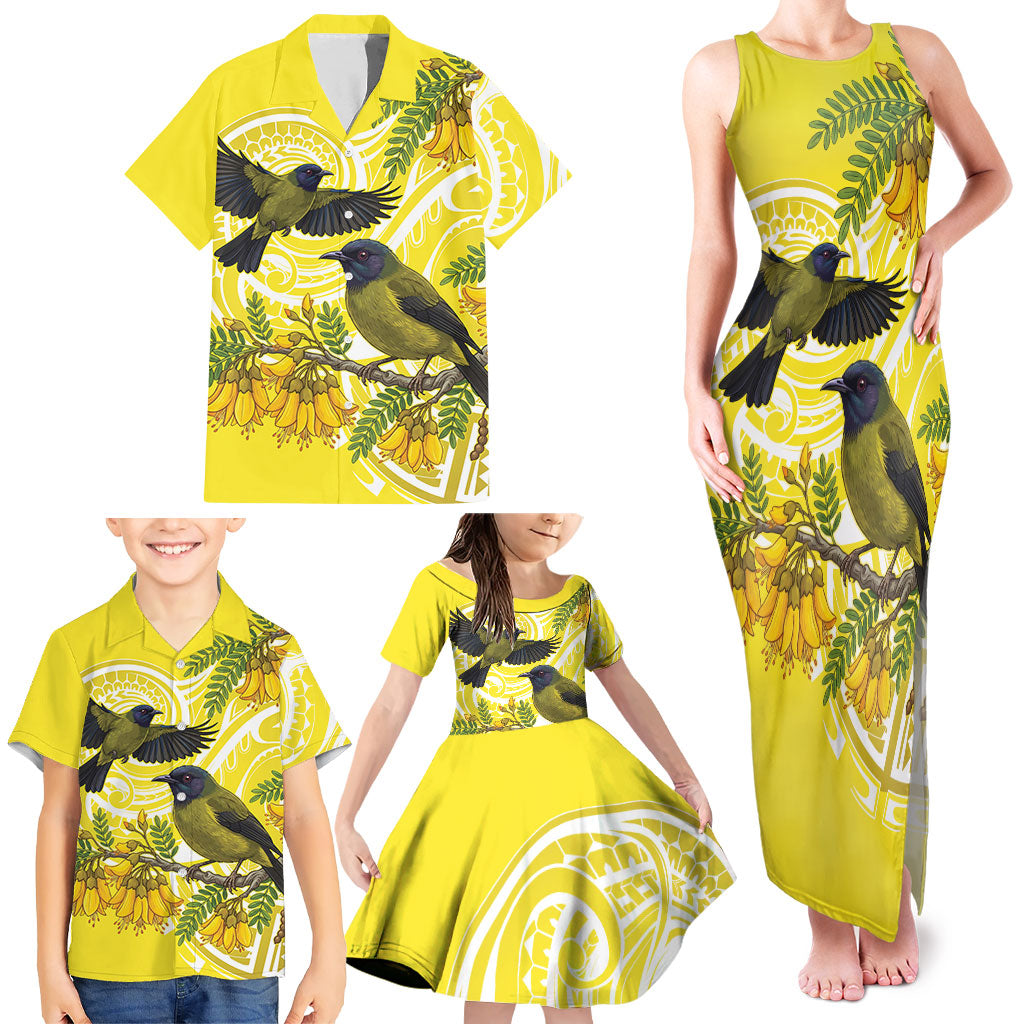 Bellbird New Zealand Family Matching Tank Maxi Dress and Hawaiian Shirt Korimako Kowhai Maori Pattern LT14 - Polynesian Pride