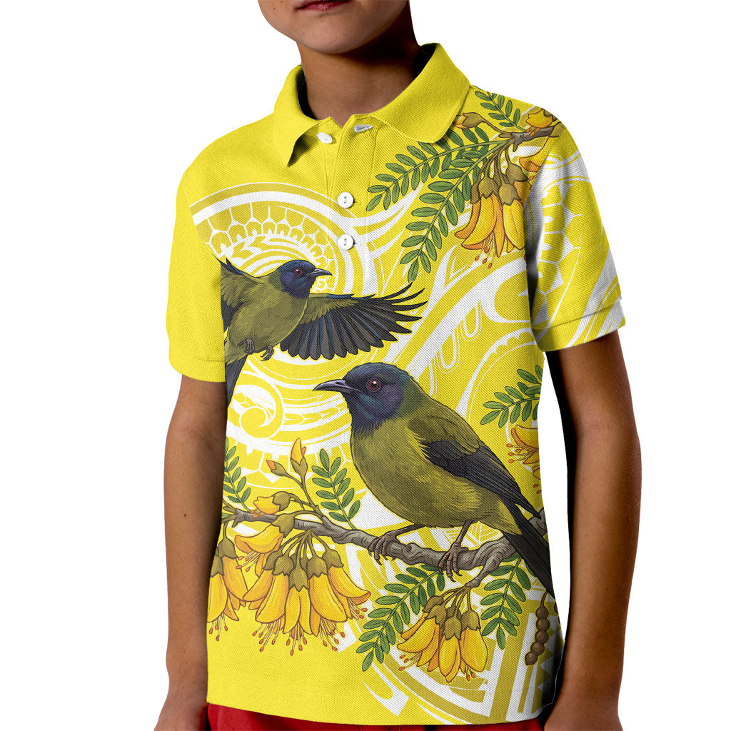 Bellbird New Zealand Kid Polo Shirt Korimako Kowhai Maori Pattern