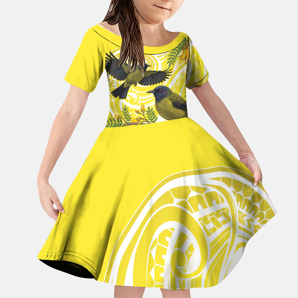 Bellbird New Zealand Kid Short Sleeve Dress Korimako Kowhai Maori Pattern