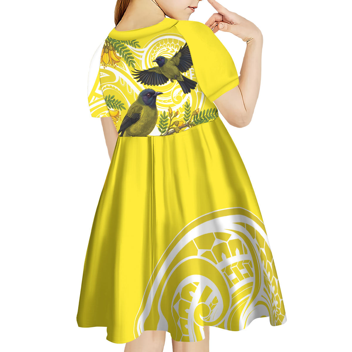 Bellbird New Zealand Kid Short Sleeve Dress Korimako Kowhai Maori Pattern