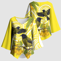 Bellbird New Zealand Kimono Sleeve Blouse Korimako Kowhai Maori Pattern