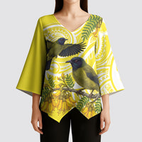 Bellbird New Zealand Kimono Sleeve Blouse Korimako Kowhai Maori Pattern
