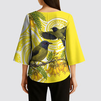 Bellbird New Zealand Kimono Sleeve Blouse Korimako Kowhai Maori Pattern