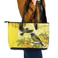 Bellbird New Zealand Leather Tote Bag Korimako Kowhai Maori Pattern