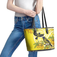 Bellbird New Zealand Leather Tote Bag Korimako Kowhai Maori Pattern
