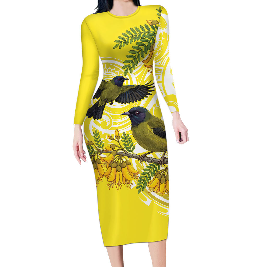 Bellbird New Zealand Long Sleeve Bodycon Dress Korimako Kowhai Maori Pattern
