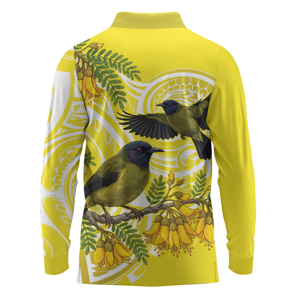 Bellbird New Zealand Long Sleeve Polo Shirt Korimako Kowhai Maori Pattern