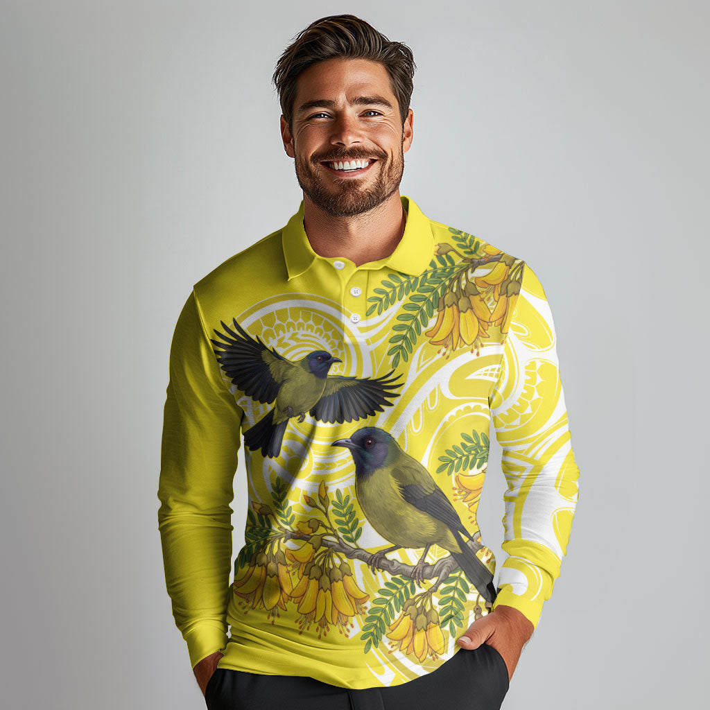 Bellbird New Zealand Long Sleeve Polo Shirt Korimako Kowhai Maori Pattern