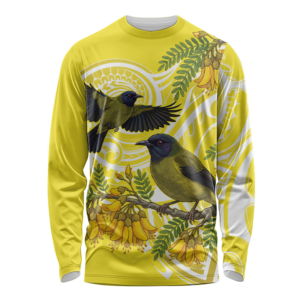 Bellbird New Zealand Long Sleeve Shirt Korimako Kowhai Maori Pattern