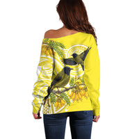 Bellbird New Zealand Off Shoulder Sweater Korimako Kowhai Maori Pattern