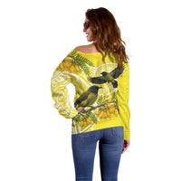 Bellbird New Zealand Off Shoulder Sweater Korimako Kowhai Maori Pattern