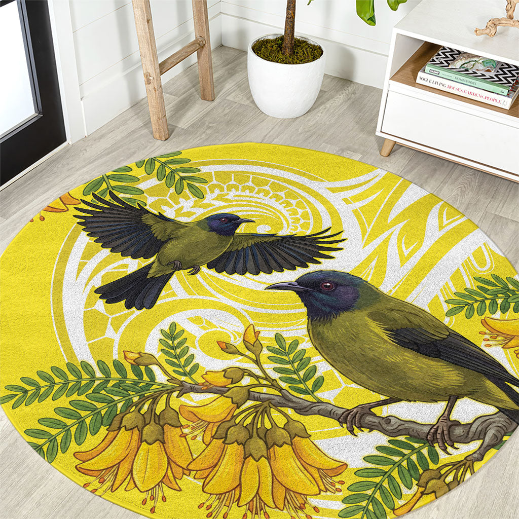 Bellbird New Zealand Round Carpet Korimako Kowhai Maori Pattern
