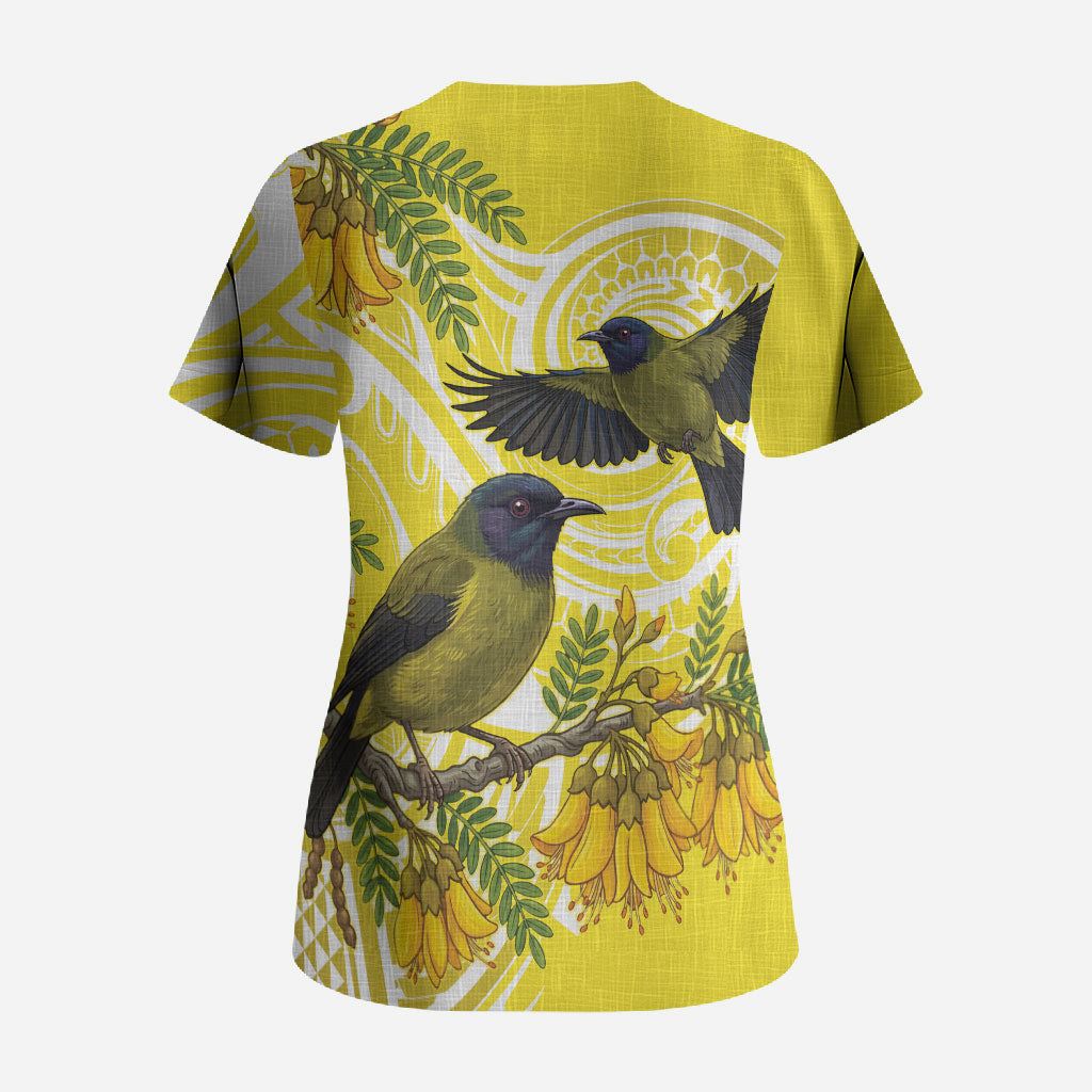 Bellbird New Zealand Scrub Top Korimako Kowhai Maori Pattern