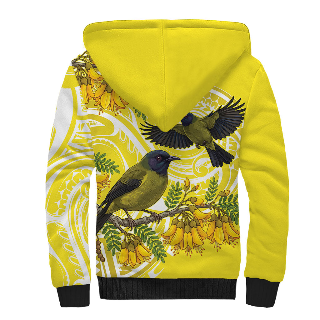 Bellbird New Zealand Sherpa Hoodie Korimako Kowhai Maori Pattern