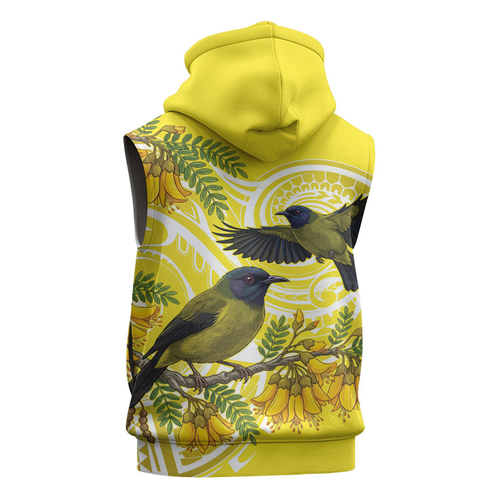 Bellbird New Zealand Sleeveless Hoodie Korimako Kowhai Maori Pattern
