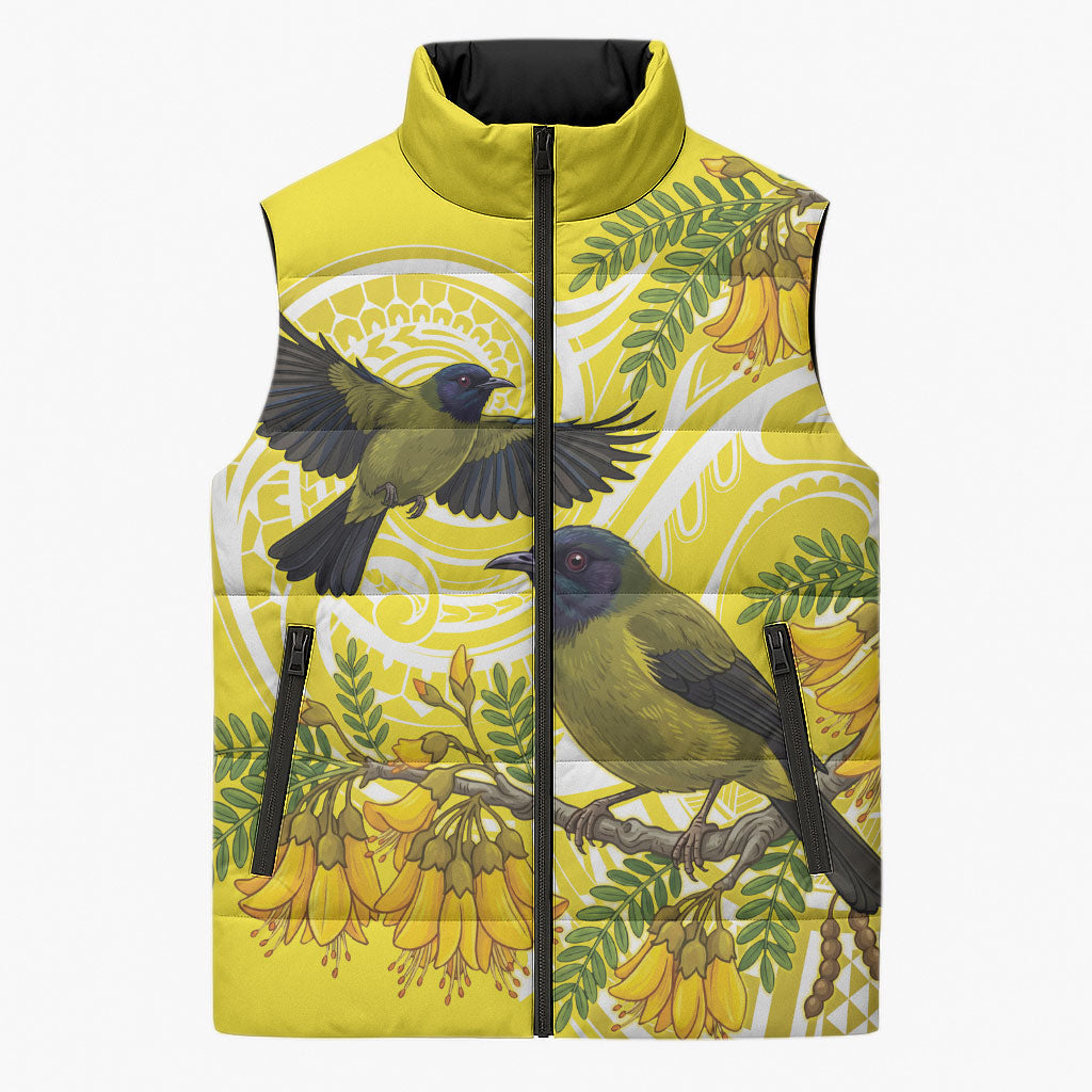 Bellbird New Zealand Sleeveless Puffer Jacket Korimako Kowhai Maori Pattern